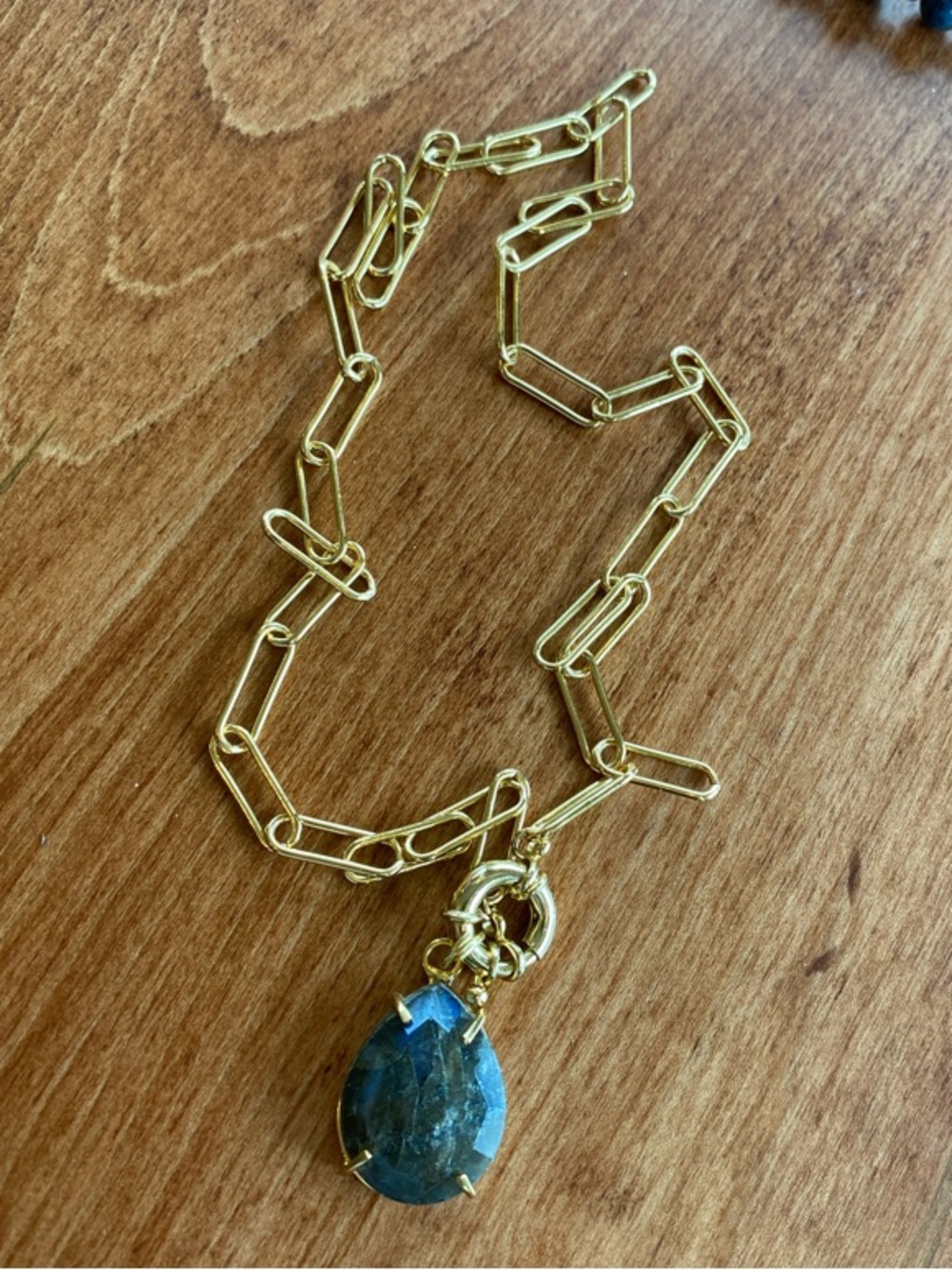 Gold-toned Paperclip Chain Necklace with Green Teardrop Pendant